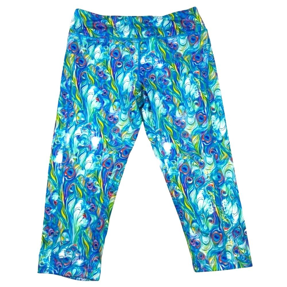 LuLaRoe Women’s Small Jade Capri Active Leggings Retired Peacock Feather Print